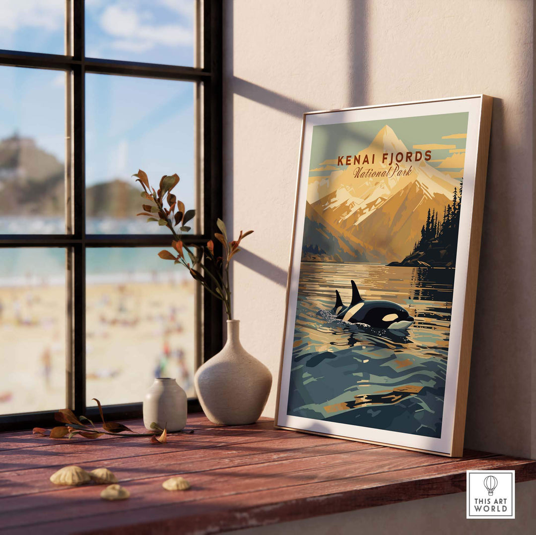 Kenai Fjords National Park poster featuring an orca swimming near Alaskan mountains, displayed in a sunlit room.