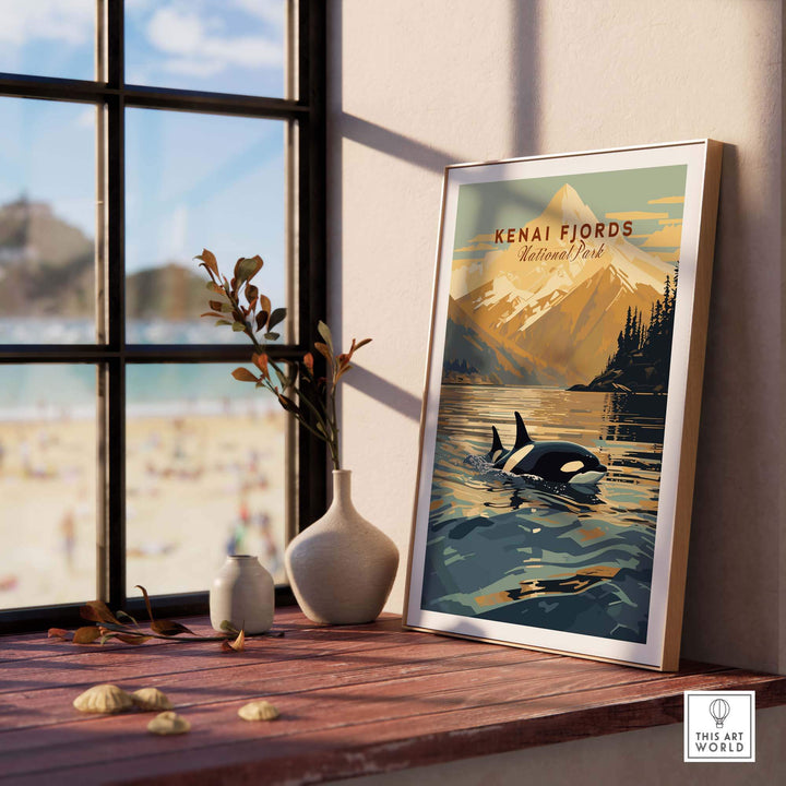 Kenai Fjords National Park poster featuring an orca swimming near Alaskan mountains, displayed in a sunlit room.