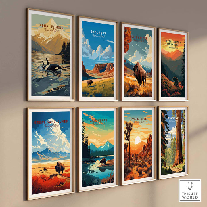 Collection of national park posters including Kenai Fjords, showcasing vibrant artwork of nature and wildlife.