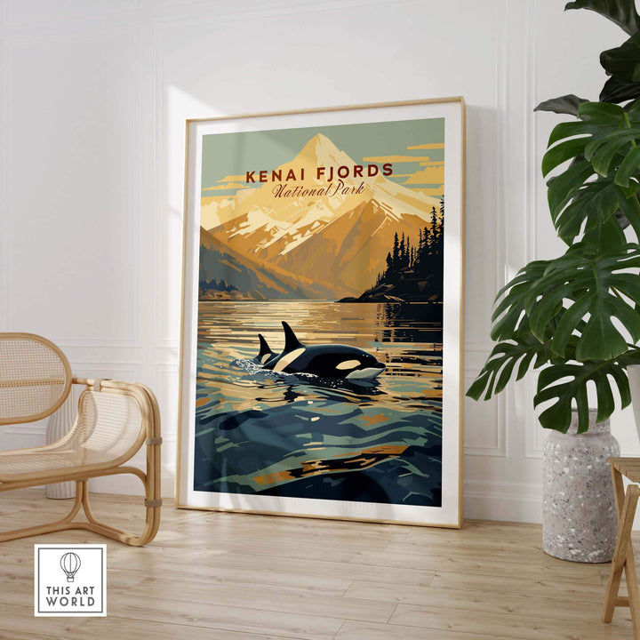 Kenai Fjords National Park poster featuring orcas swimming in Alaskan waters, perfect for nature lovers' decor.