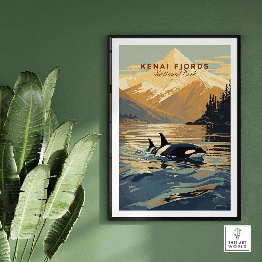 Kenai Fjords National Park poster featuring an orca swimming near Alaskan mountains, framed on a green wall.