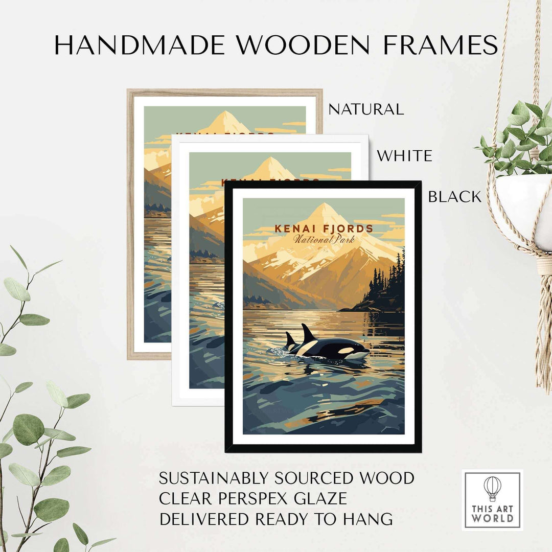 Handmade wooden frames in natural, white, and black for Kenai Fjords National Park poster, ready to hang and made from sustainable wood.