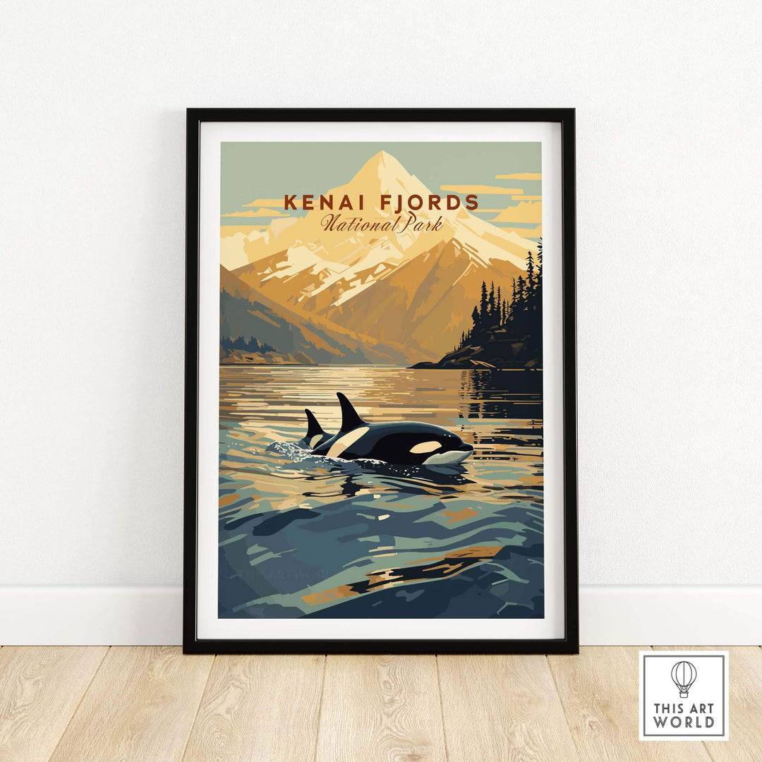 Kenai Fjords National Park poster featuring orcas swimming in Alaska's coastline with mountains in the background.