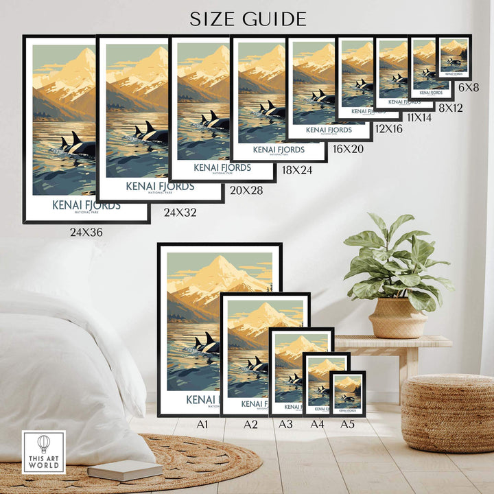 Size guide for Kenai Fjords National Park Print displaying various frame sizes and design, showcasing orcas in an Alaskan sunset.