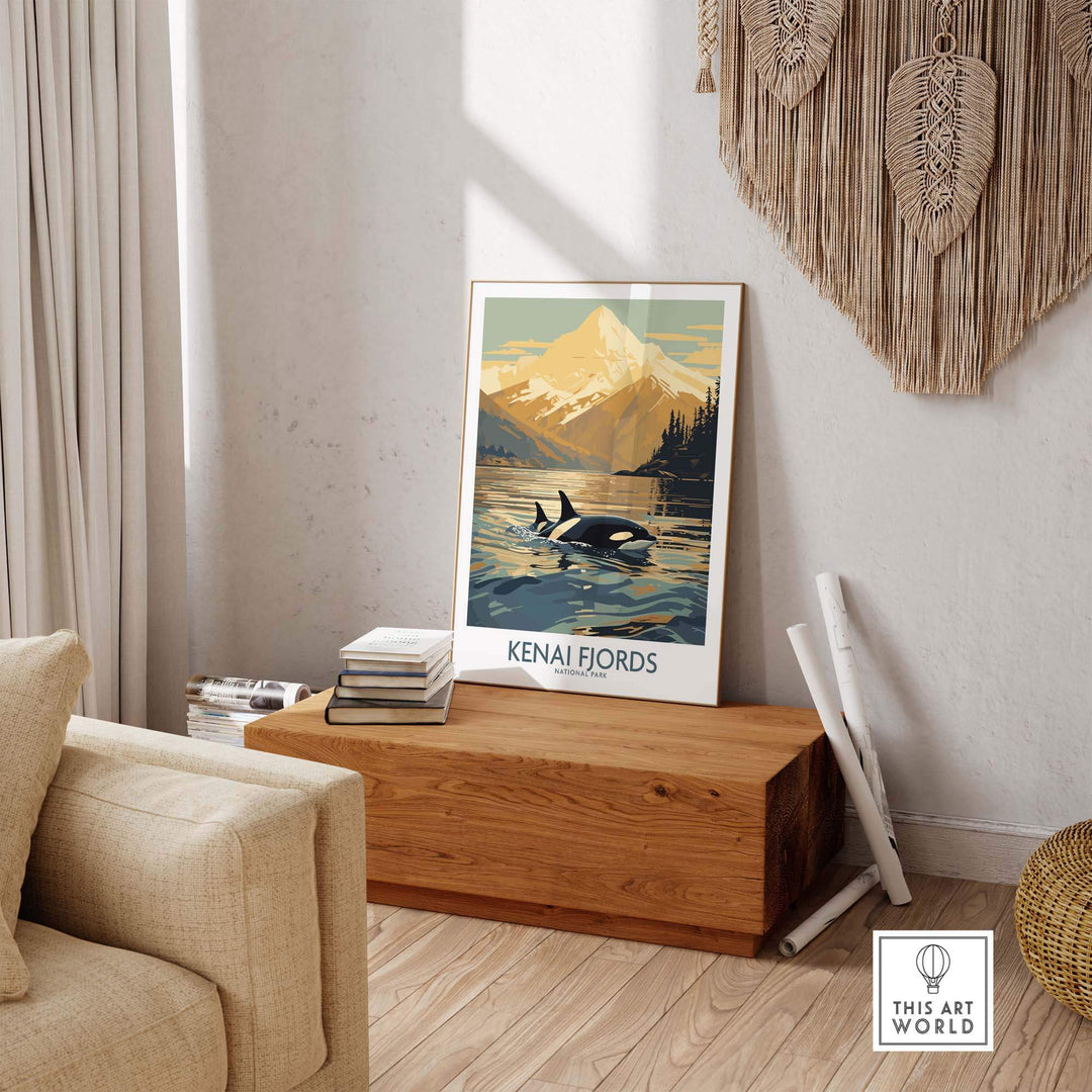 Kenai Fjords National Park print featuring orcas in front of an Alaskan sunset, displayed in a cozy living room setting.