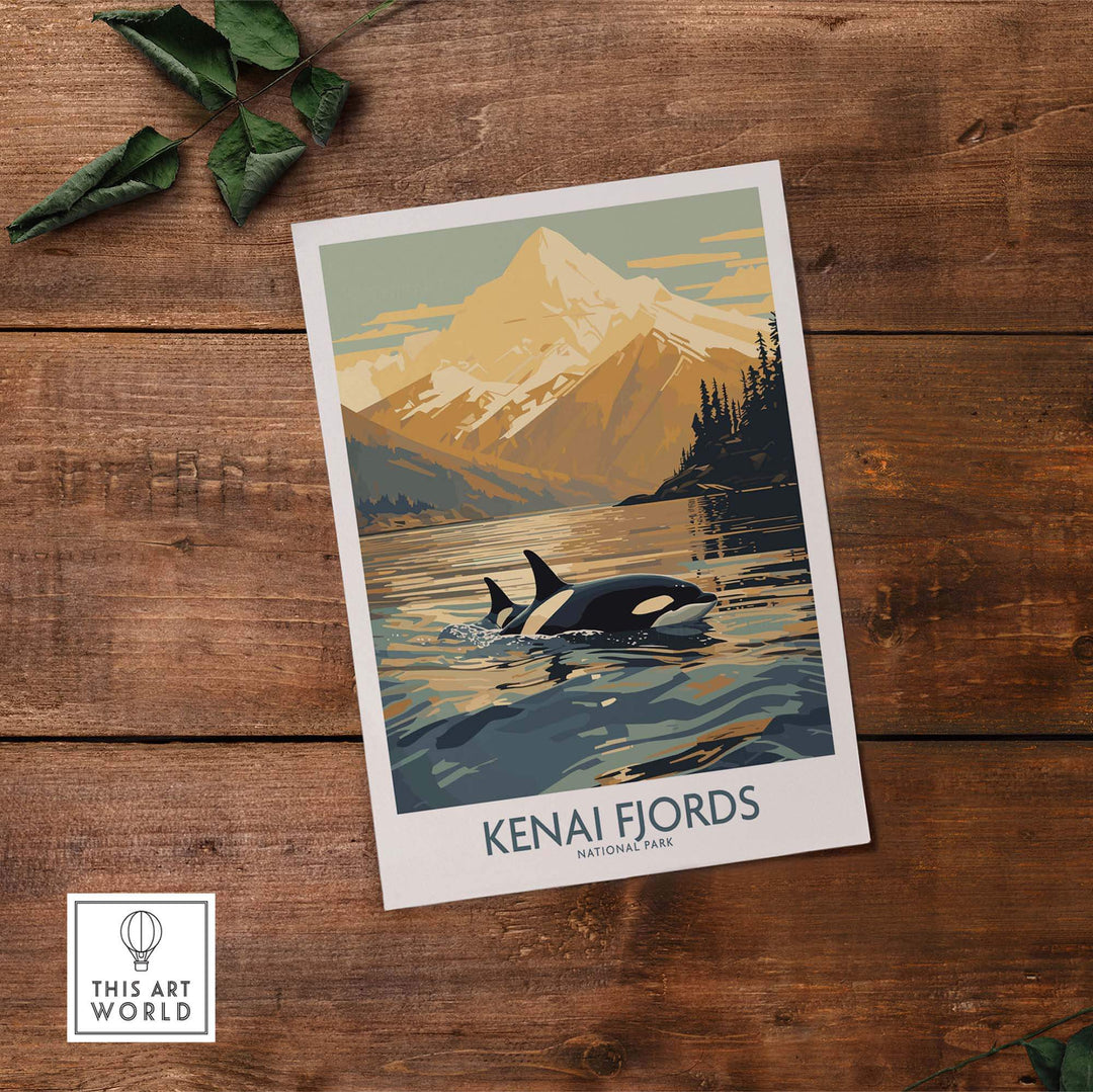 Kenai Fjords National Park print featuring orcas swimming in an Alaskan sunset, a perfect nature-inspired gift.