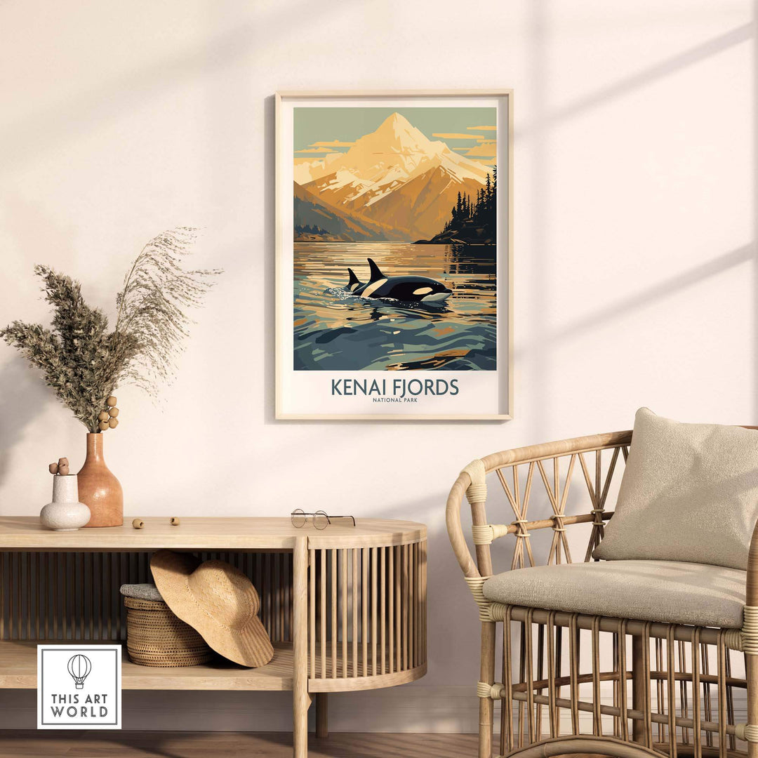 Kenai Fjords National Park print featuring orcas under an Alaskan sunset, showcased in a stylish interior setting.