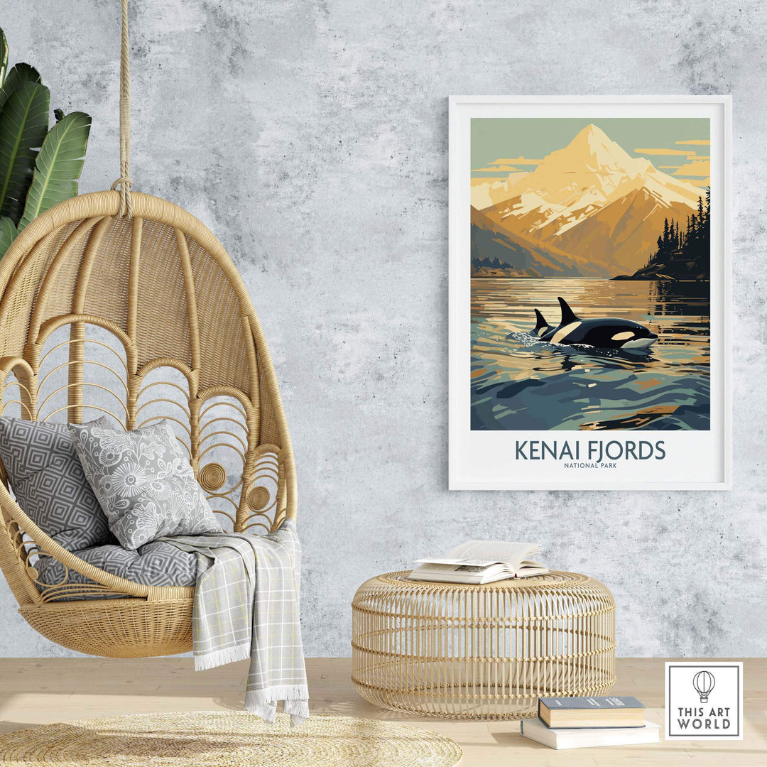 Kenai Fjords National Park print featuring orcas in an Alaskan sunset, showcased in a cozy room with a hanging chair and decor.