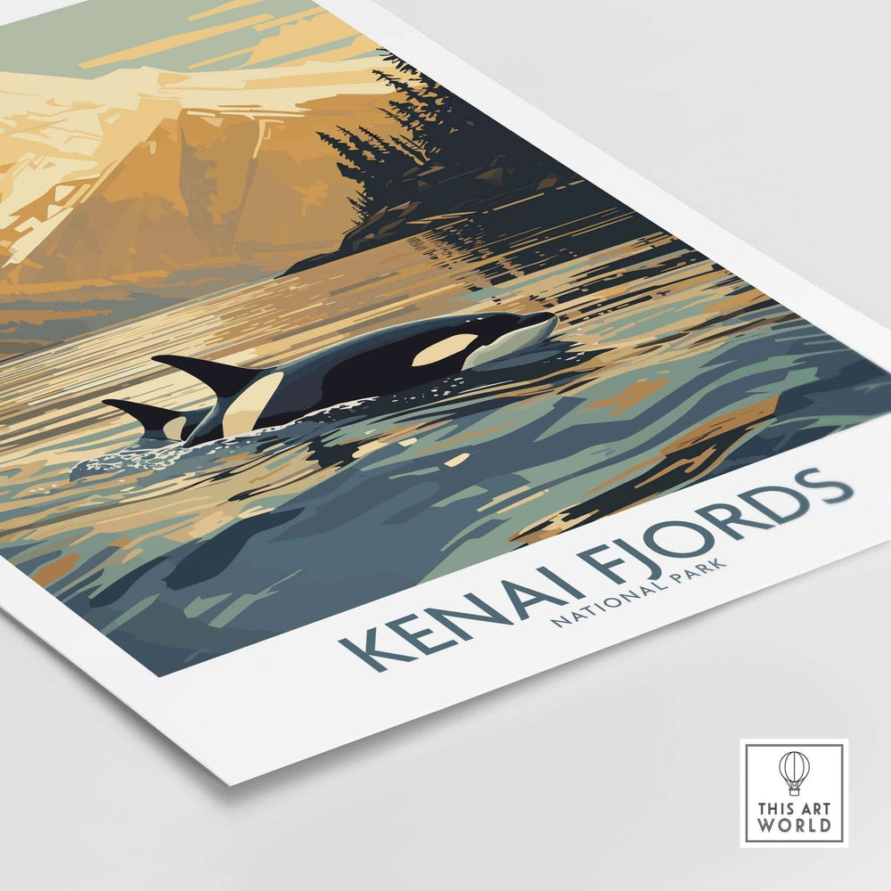 Kenai Fjords National Park print featuring orcas swimming in a serene Alaskan sunset landscape. Perfect nature gift.