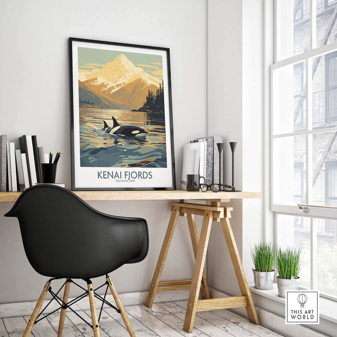 Kenai Fjords National Park Print featuring orcas and a mountain landscape, framed on a desk in a modern interior.