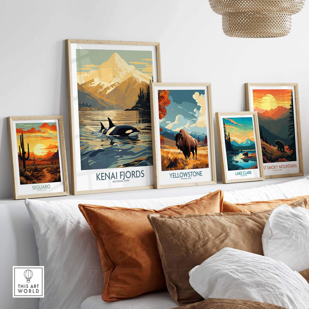 Kenai Fjords National Park print featuring orcas in an Alaskan sunset, displayed among national park posters on a stylish wall.