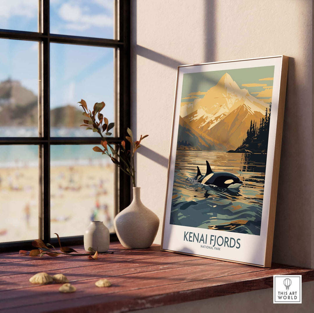 Kenai Fjords National Park print featuring orcas in Alaskan sunset, displayed by a window with a beach view.