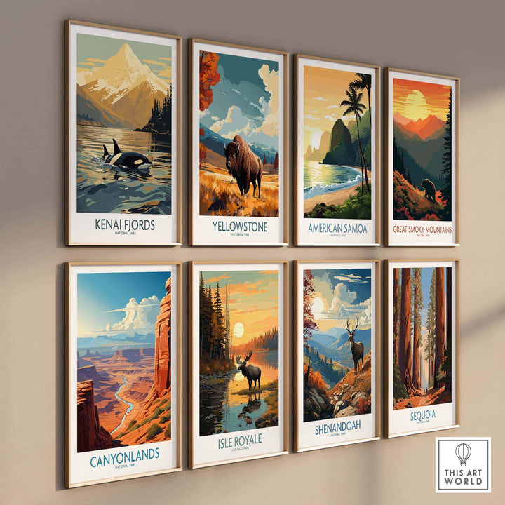 Beautiful wall display of national park prints, featuring Kenai Fjords, Yellowstone, American Samoa, and more.