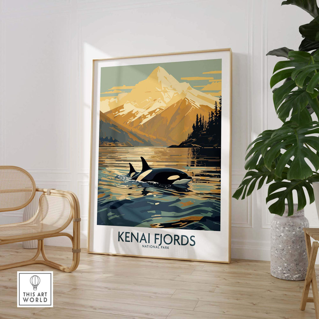 Kenai Fjords National Park print featuring orcas and a majestic mountain view, ideal for nature lovers and home decor.