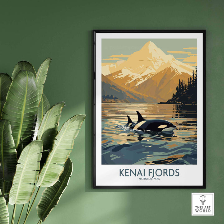Kenai Fjords National Park print featuring orcas swimming at sunset, framed against a mountain backdrop. Perfect Alaskan decor.
