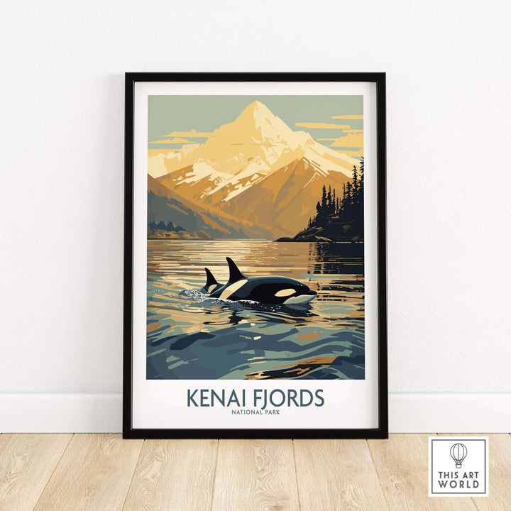 Kenai Fjords National Park print featuring orcas swimming in an Alaskan sunset against a mountain backdrop. Beautiful nature art.