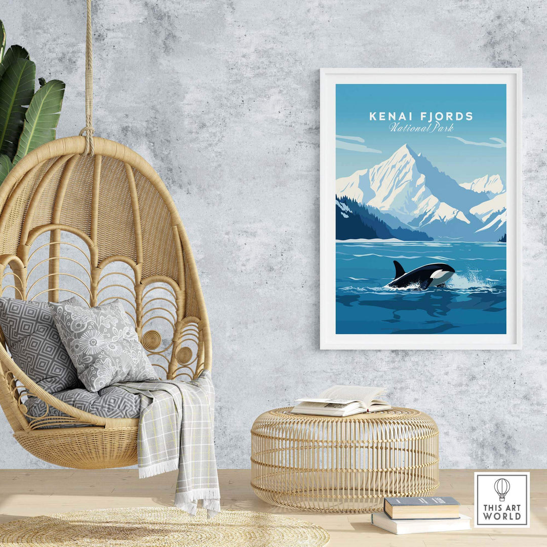 Kenai Fjords Poster showcasing a killer whale in a scenic landscape, perfect for nature lovers' home decor.