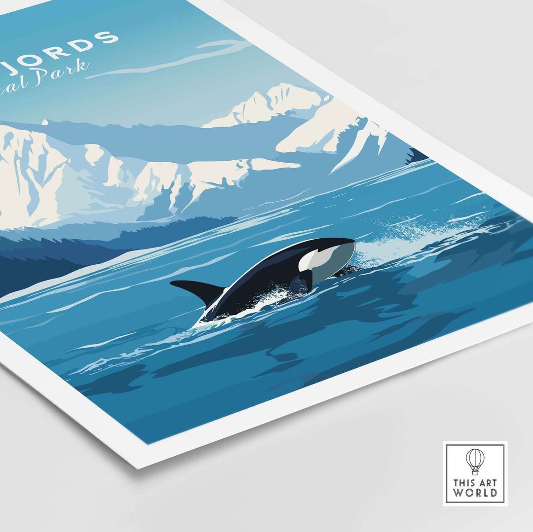 Kenai Fjords National Park poster featuring a killer whale swimming in tranquil blue waters with mountains in the background.