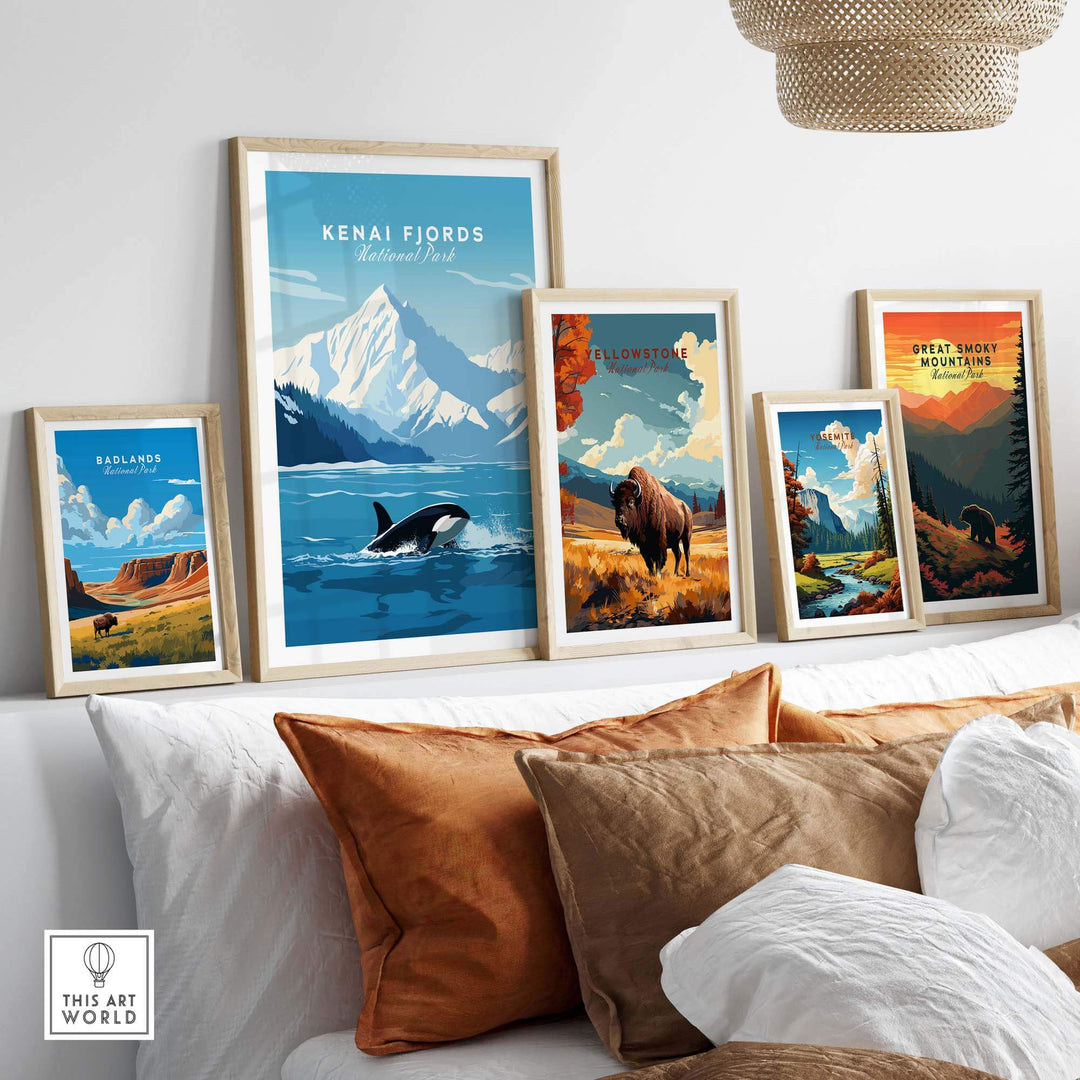 Kenai Fjords Poster displayed among nature-themed prints, showcasing breathtaking landscapes and wildlife decor for outdoor lovers.