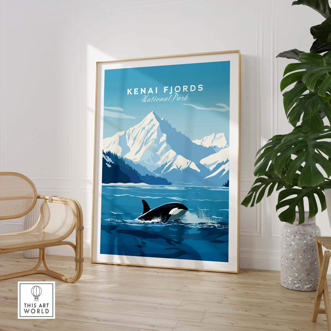 Kenai Fjords National Park poster featuring a killer whale and mountains, perfect for nature lovers’ home decor.