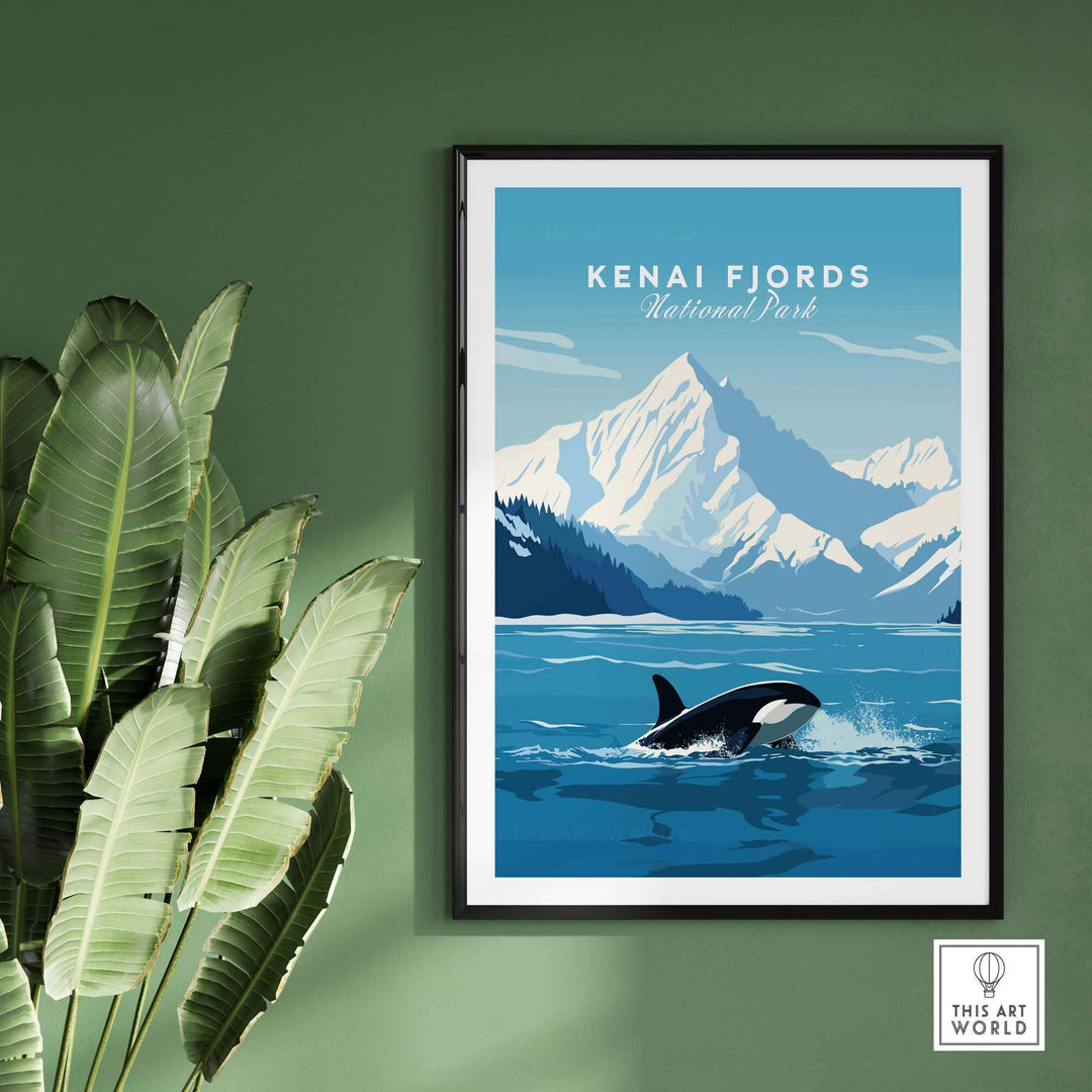 Kenai Fjords National Park poster featuring a killer whale and mountains, ideal for nature lovers' home decor.