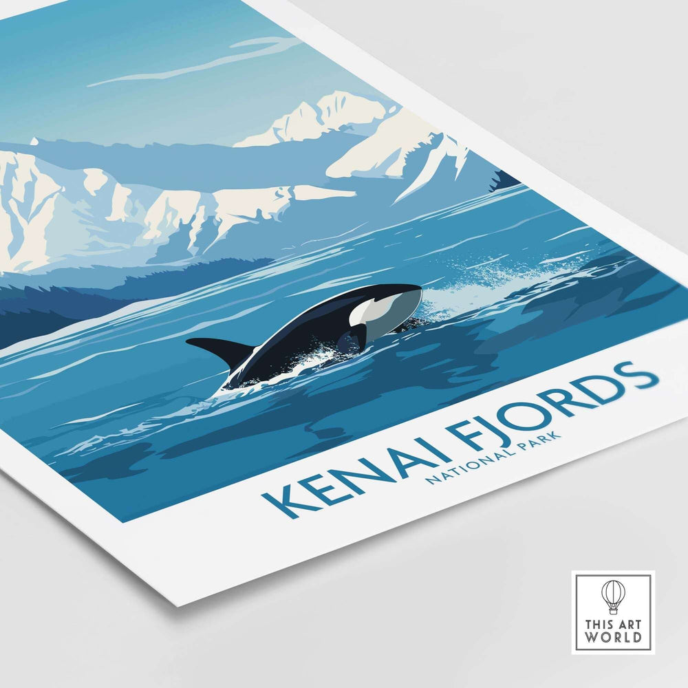 Kenai Fjords National Park print featuring orca in stunning blue landscape, perfect gift for nature lovers.