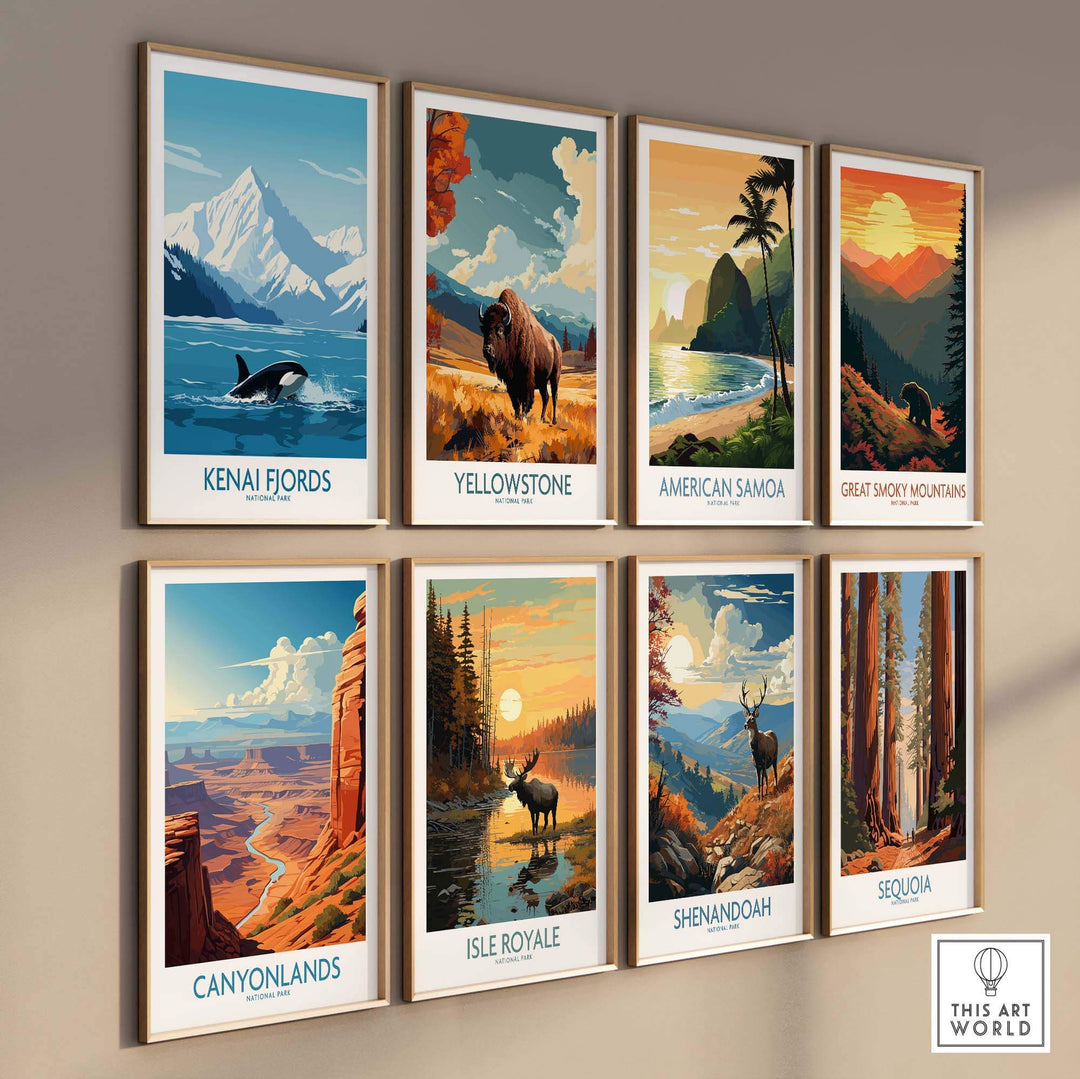 Kenai Fjords print among National Park posters, showcasing Alaska's beauty and natural wonders on a stylish wall display.