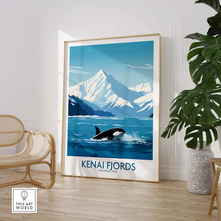 Kenai Fjords National Park print featuring mountains and an orca in a coastal scene, perfect for nature lovers.