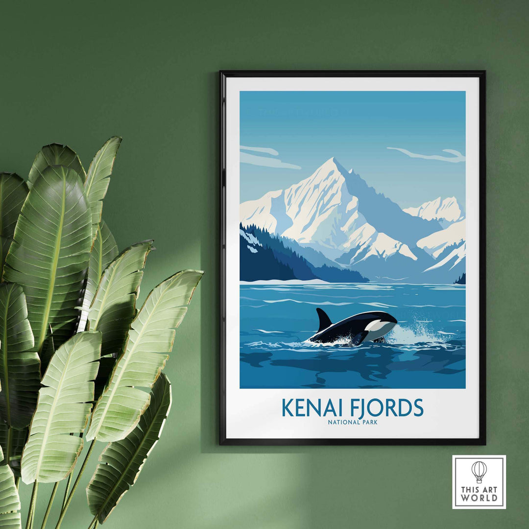 Kenai Fjords Print featuring a majestic orca in front of mountains, showcasing Alaska's natural beauty in vivid colors.