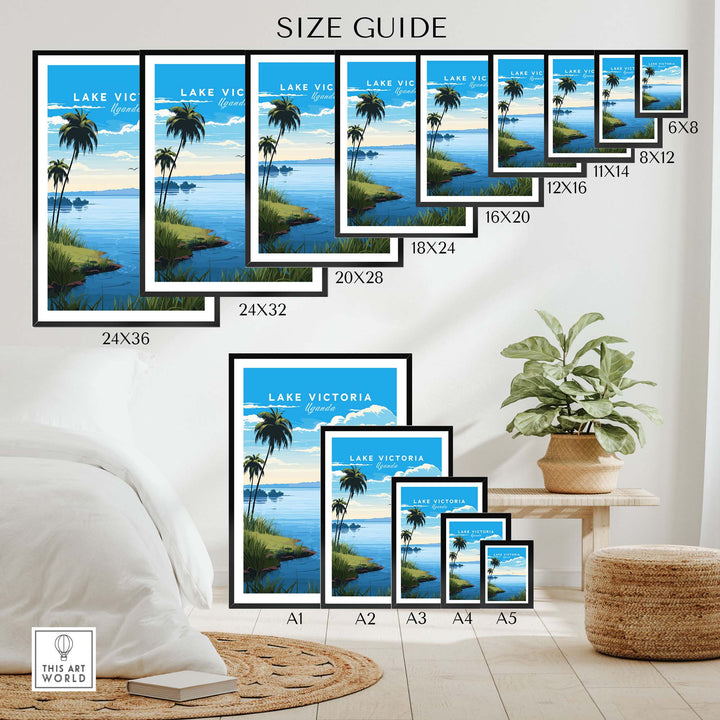 Lake Victoria Uganda travel poster size guide showcasing various frame sizes and artwork options for home decor.
