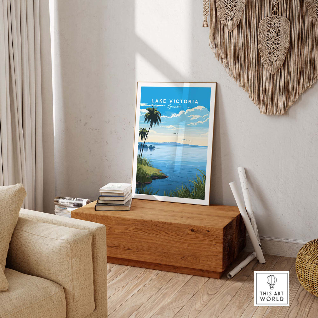 Lake Victoria Uganda travel poster displayed in a cozy interior, perfect for showcasing African adventure memories.
