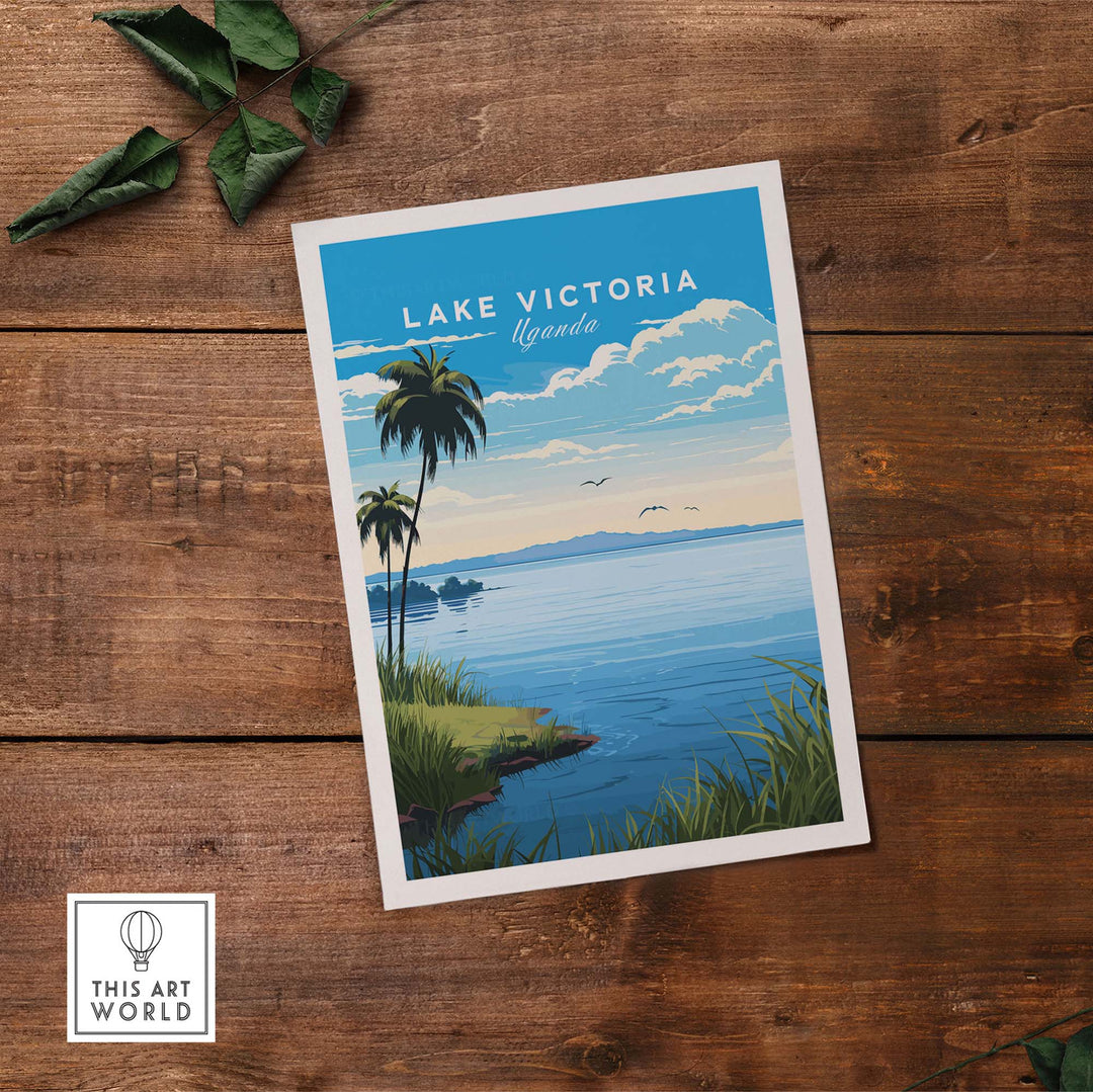 Lake Victoria Uganda travel poster showcasing a serene lakeside view and tropical palm trees.