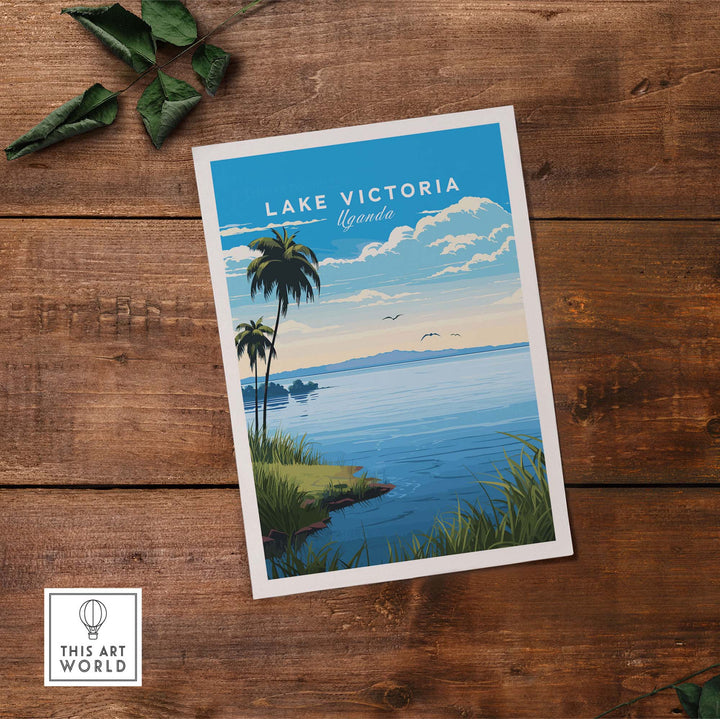 Lake Victoria Uganda travel poster showcasing a serene lakeside view and tropical palm trees.