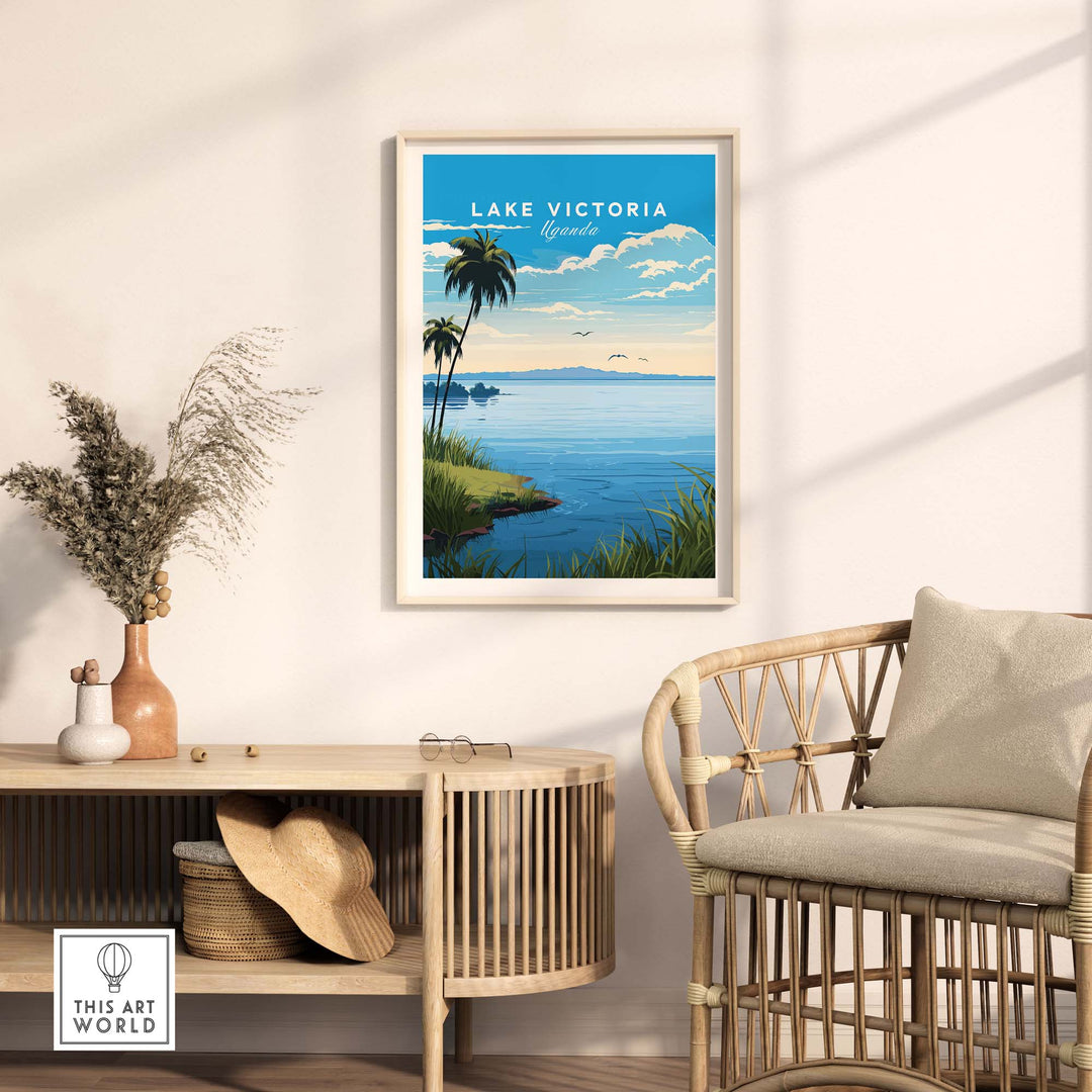 Lake Victoria Uganda travel poster displayed in a chic living room, showcasing serene waters and tropical palm trees.