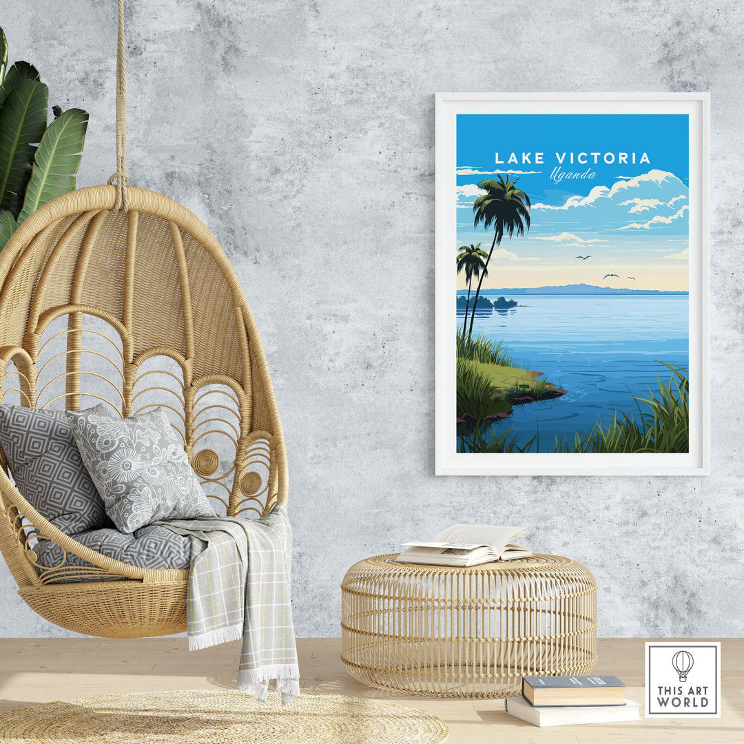 Lake Victoria Uganda travel poster in a modern setting with a hanging chair and natural decor.