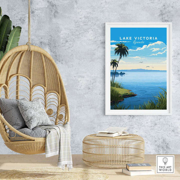 Lake Victoria Uganda travel poster in a modern setting with a hanging chair and natural decor.