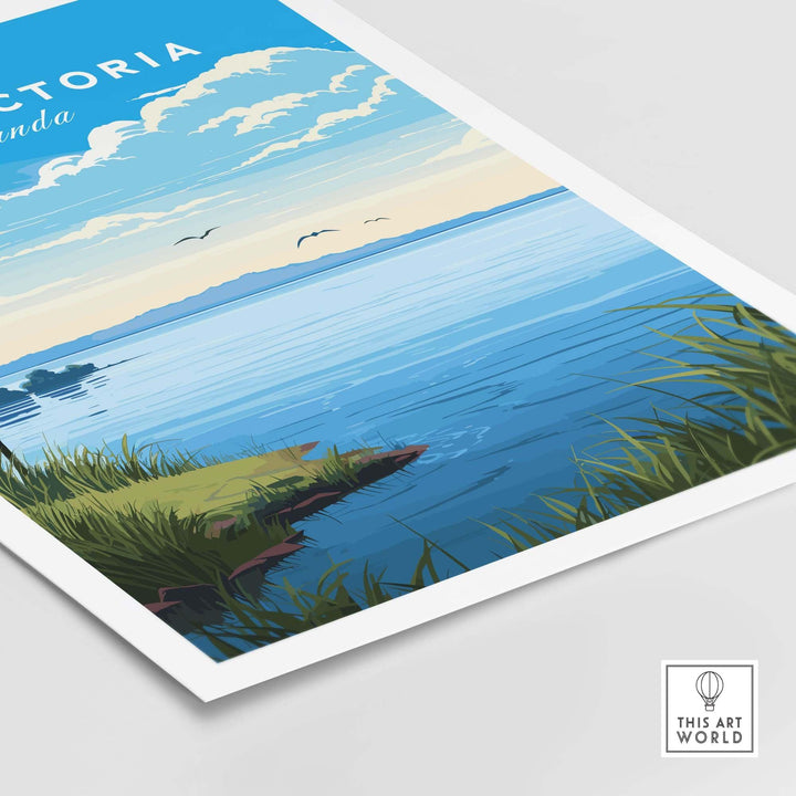 Lake Victoria Uganda travel poster featuring serene water and lush greenery, perfect for art collection and travel memories.