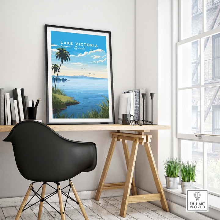 Lake Victoria Uganda travel poster displayed in a modern room with a chair and desk, showcasing vibrant scenery.