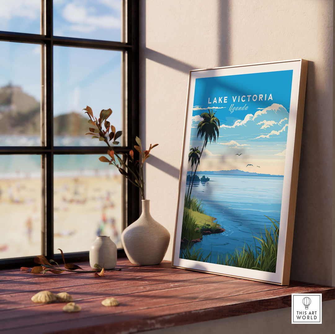 Lake Victoria Uganda travel poster displayed in a stylish indoor setting, capturing African adventure vibes.