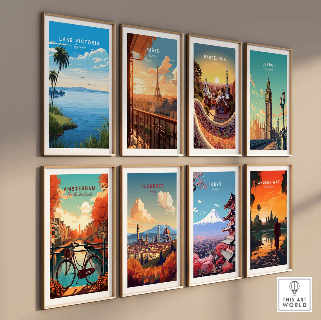 Gallery wall featuring travel posters of Lake Victoria, Paris, Barcelona, London, Amsterdam, Florence, Tokyo, and Angkor Wat.