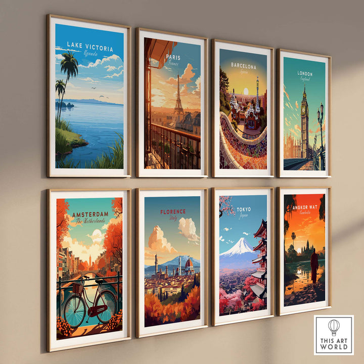 Gallery wall featuring travel posters of Lake Victoria, Paris, Barcelona, London, Amsterdam, Florence, Tokyo, and Angkor Wat.