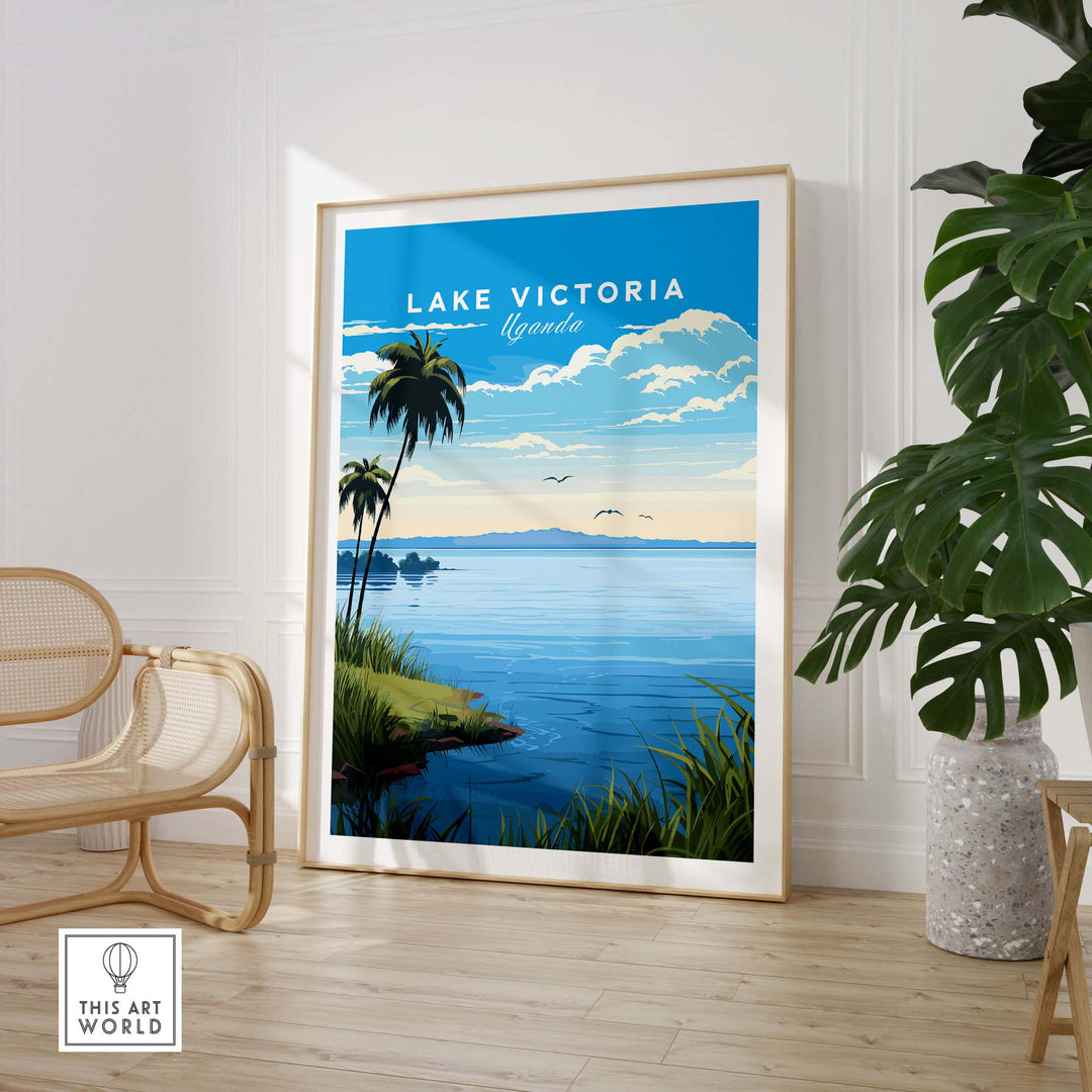 Lake Victoria Uganda travel poster showcasing serene waters, palm trees, and a bright blue sky, perfect for wall decor.