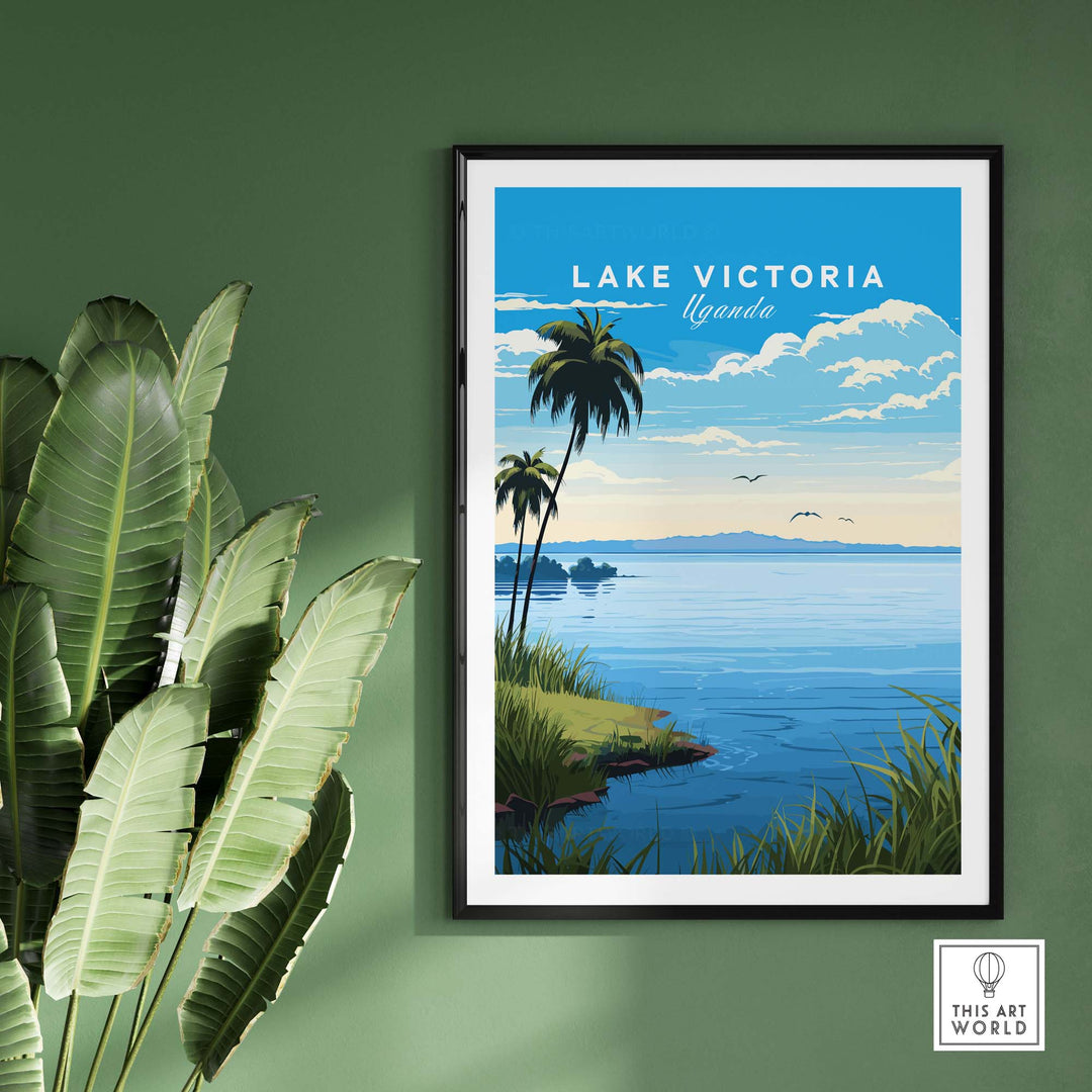 Lake Victoria Uganda travel poster featuring vibrant scenery of palm trees and serene waters, perfect for home decor.