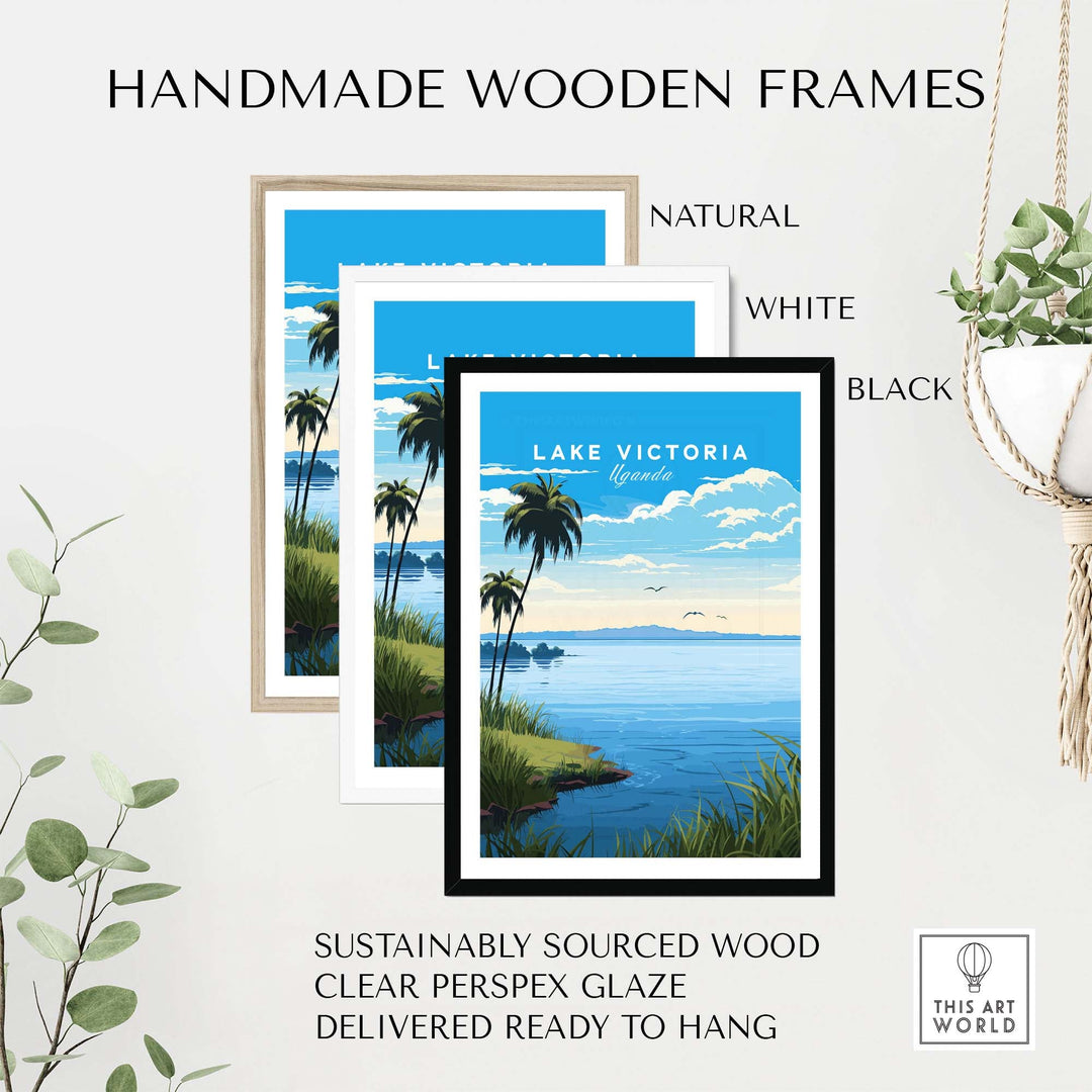 Handmade wooden frames for Lake Victoria Uganda travel poster, available in natural, white, and black finishes.