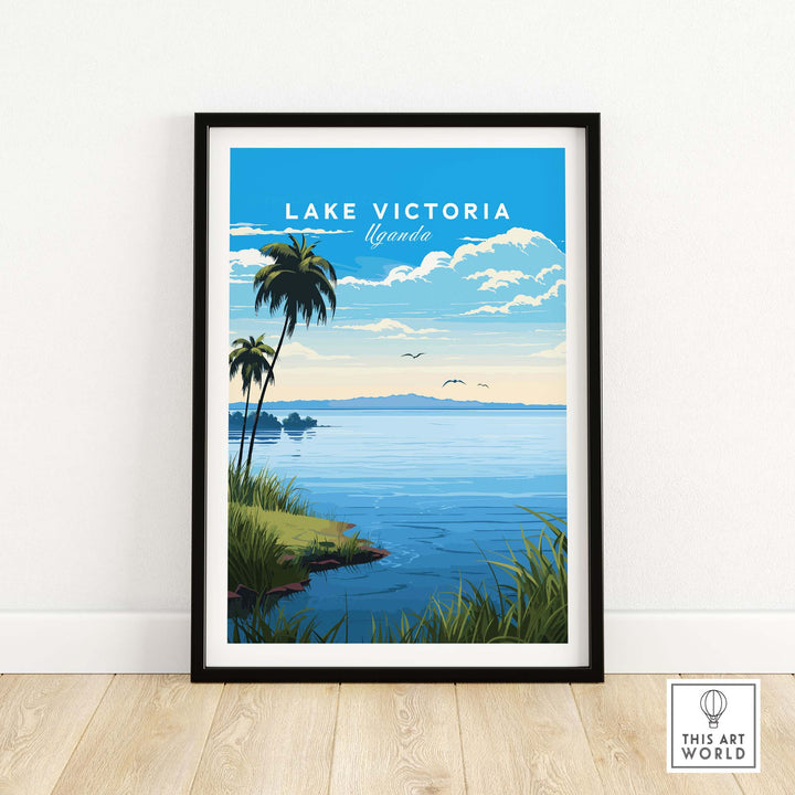 Lake Victoria Uganda travel poster featuring palm trees and serene waters, perfect for home decor and travel enthusiasts.