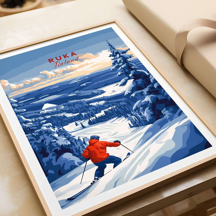 Lapland ski landscape art featuring a skier in Ruka, Finland, surrounded by snow-covered trees and a beautiful winter scene.