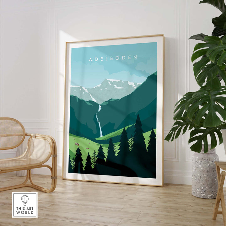 Adelboden travel poster print featuring Swiss mountains and lush greenery, framed in a modern home setting.
