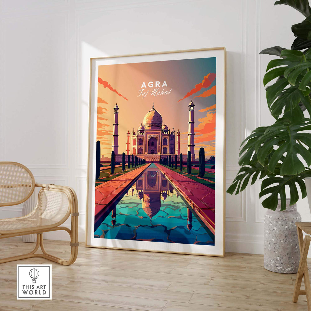 Vibrant Taj Mahal Agra wall art print, showcasing the majestic monument and sunset reflections in a stylish decor setting.
