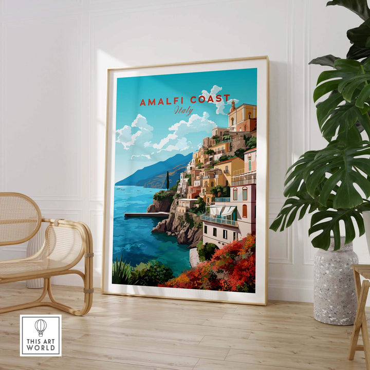 Amalfi Coast Travel Poster Print showcasing vibrant landscapes and pastel colors, perfect for home decor.
