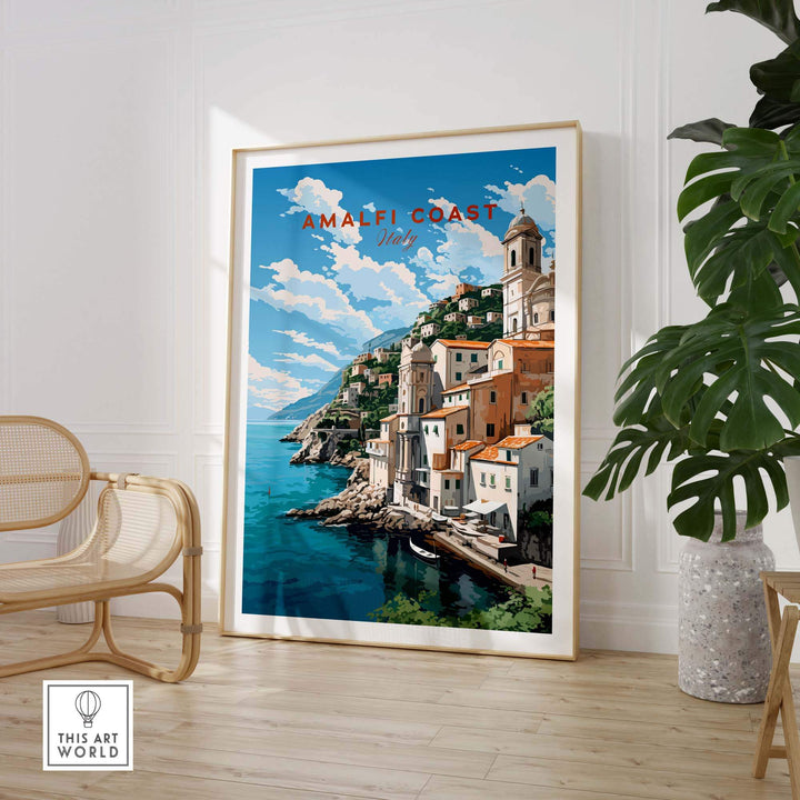 Amalfi Coast Italy Travel Poster showcasing vibrant architecture and scenic coastal view in pastel shades.